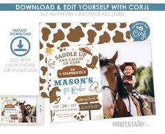 Rodeo First Birthday Photo Invitation, Wild West Cowboy (EDITABLE)