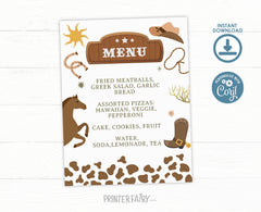 Rodeo Birthday Dinner Menu, Wild West Party Sign (Editable)