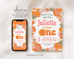 Groovy One Birthday Invitation, Retro Floral (INSTANT DOWNLOAD)