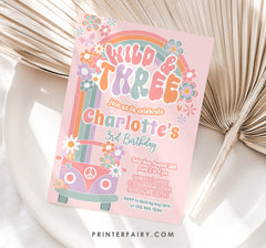 Wild and Three Birthday Invitation, Floral Daisy Rainbow (Digital Download)