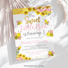 Bee Birthday Invitation, Sunflower Party (Editable, Instant Download)