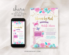 Butterfly Baby Shower by Mail Invitation Editable Template, INSTANT DOWNLOAD