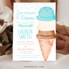 Ice Cream Baby Shower Invitation, Watercolor Cone (Digital Item)