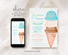 Ice Cream Baby Shower Invitation, Watercolor Cone (Digital Item)