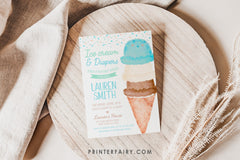 Ice Cream Baby Shower Invitation, Watercolor Cone (Digital Item)