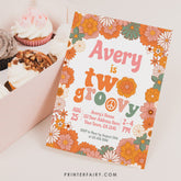 Hippie Floral Birthday Invitation, Retro Groovy Theme (INSTANT DOWNLOAD)