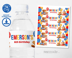Bear Birthday Water Bottle Label, Editable Party Decor (Digital)