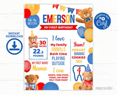 Bear First Birthday Stats Board, Teddy Bear Party (Editable Digital Item)