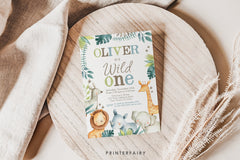 Wild One Safari 1st Birthday Invitation, Jungle Animals (Editable Digital)