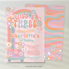 Wild and Three Birthday Invitation, Floral Daisy Rainbow (Digital Download)