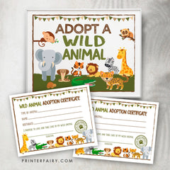 Adopt a Wild Animal Sign & Certificate, Safari Party (Printable PDF)