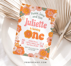 Groovy One Birthday Invitation, Retro Floral (INSTANT DOWNLOAD)