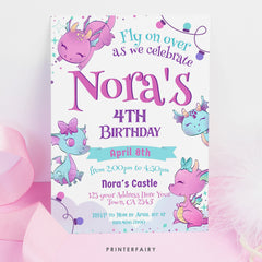 Pink Dragon Birthday Party Invitation, Editable Template (Digital Download)