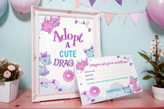 Dragon Adoption Certificate and Sign, Purple Pink Party (Digital Download)