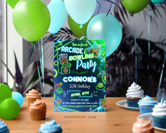 Neon Arcade Bowling Birthday Party Invitation: Editable Corjl (Digital Item)