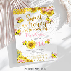 Sunflower Bee 1st Birthday Invitation, Editable Beeday (Instant Download)