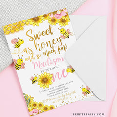 Sunflower Bee 1st Birthday Invitation, Editable Beeday (Instant Download)