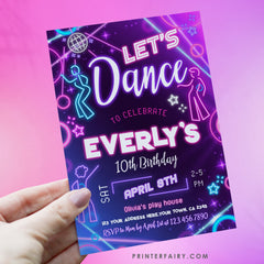 Neon Dance Party Invitation: Retro Music Theme, Editable on Corjl