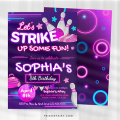Bowling Birthday Party Invitation, Editable Template (Digital Download)
