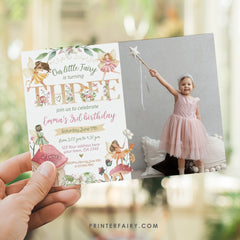 Editable Fairy 3rd Birthday Invitation, Photo, Floral Garden (Digital Item)