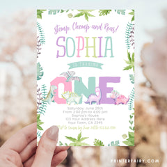 Girl Dinosaur 1st Birthday Invitation, EDITABLE (Instant Download)