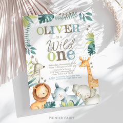 Wild One Safari 1st Birthday Invitation, Jungle Animals (Editable Digital)