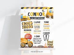 Construction First Birthday Stats Sign: Dump Truck Theme (Digital Download)