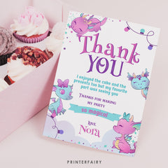 Dragon Birthday Thank You Card, Girl Party (Printable Template)