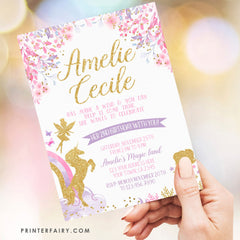 Fairy Unicorn Mermaid Birthday Invitation, Pink Gold Purple (Editable)