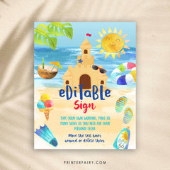 Beach Sand Castle Birthday Party Editable Sign Template, INSTANT DOWNLOAD