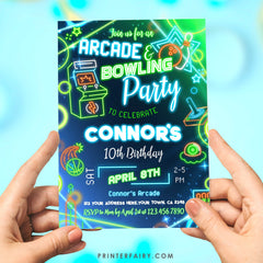Neon Arcade Bowling Birthday Party Invitation: Editable Corjl (Digital Item)