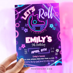 Editable Neon Roller Skate Birthday Invitation (Digital Download)