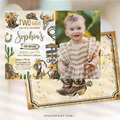 Cowgirl "Two Wild" Birthday Invitation with Photo (Instant Download)
