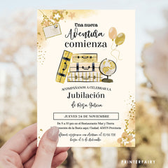 Retirement Party Invitation, "Una Nueva Aventura Comienza", Invitación de Jubilación, Fiesta de Retiro, Spanish, Español, Editable in Corjl