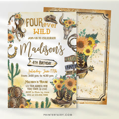 Four Ever Wild Cowgirl 4th Birthday Invitation (Digital Download)