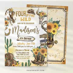 Four Ever Wild Cowgirl 4th Birthday Invitation (Digital Download)