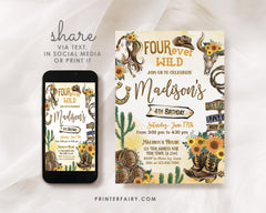 Four Ever Wild Cowgirl 4th Birthday Invitation (Digital Download)