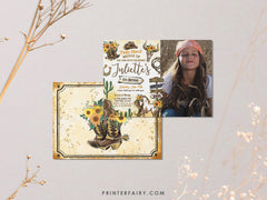 Cowgirl Birthday Invitation with Photo, Wild West Rodeo (Editable in Corjl)