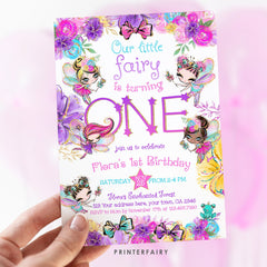 Fairy 1st Birthday Invitation, Editable Girl Invite (Instant Download)