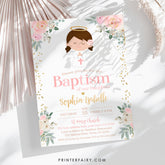 Angel Baptism Invitation, Floral, Pink and Gold, Editable Template (Digital Download)