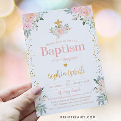 Pink Floral Baptism Invitation – Editable Girl's Invitation (Digital File)