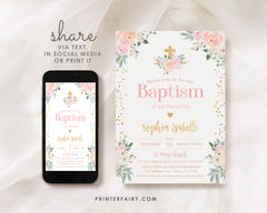 Pink Floral Baptism Invitation – Editable Girl's Invitation (Digital File)