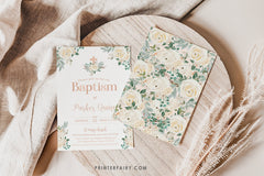Floral Baptism Invitation, Elegant White Flowers (Digital Download)