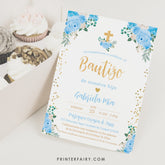 Baptism Invitation in Spanish, EDITABLE Blue Floral Invite, Printable Digital Invitation Template INSTANT DOWNLOAD