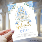 Blue Princess Castle First Birthday Invitation, Editable in Corjl