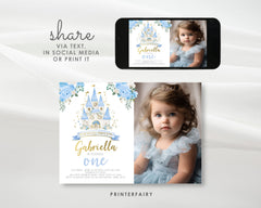 Blue Princess Castle First Birthday Photo Invitation (Editable in Corjl)