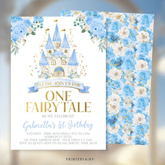 Cinderella 1st Birthday Invitation, Blue Princess Castle (Instant Download)