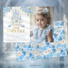 Blue Princess 1st Birthday Invitation with Photo (Editable Template)