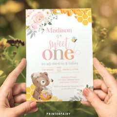 Bear Bee First Birthday Invitation, Honeycomb, Editable (Digital Download)