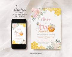 Two Sweet Bee Birthday Invitation, Honeycomb, Editable (Corjl)